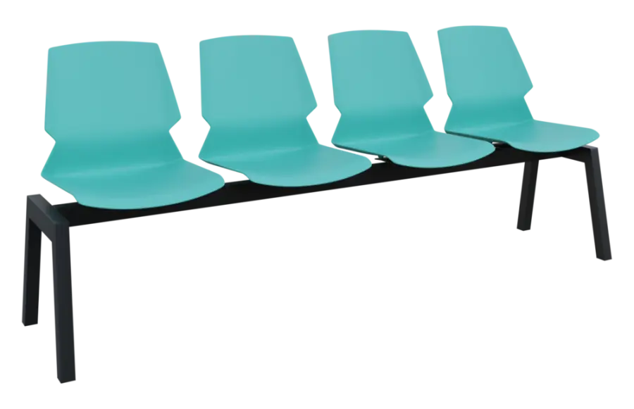 PRETTY 4, plastová lavice do čekárny, 4-sedák, tyrkysová, kostra černá